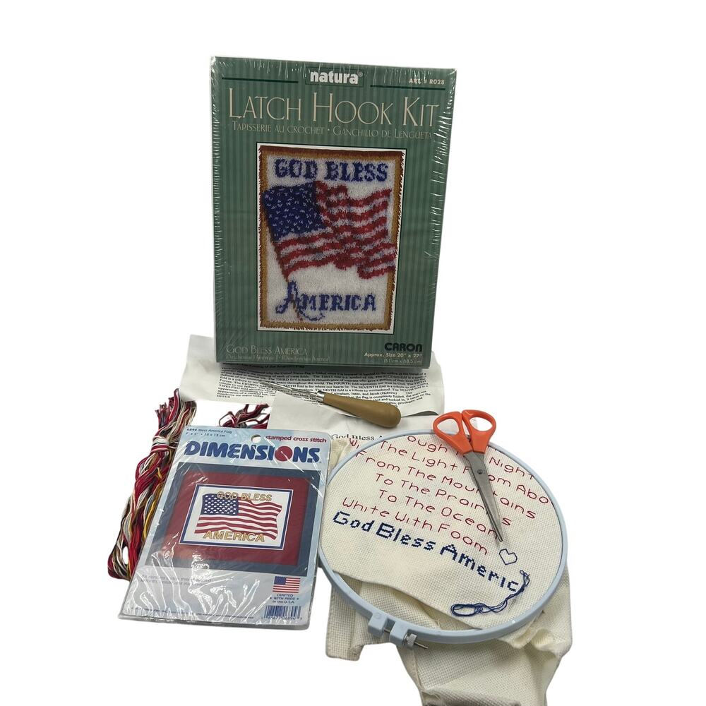 Patriotic God Bless America Latch Hook Kit & Embroidery Cross Stitch Kit